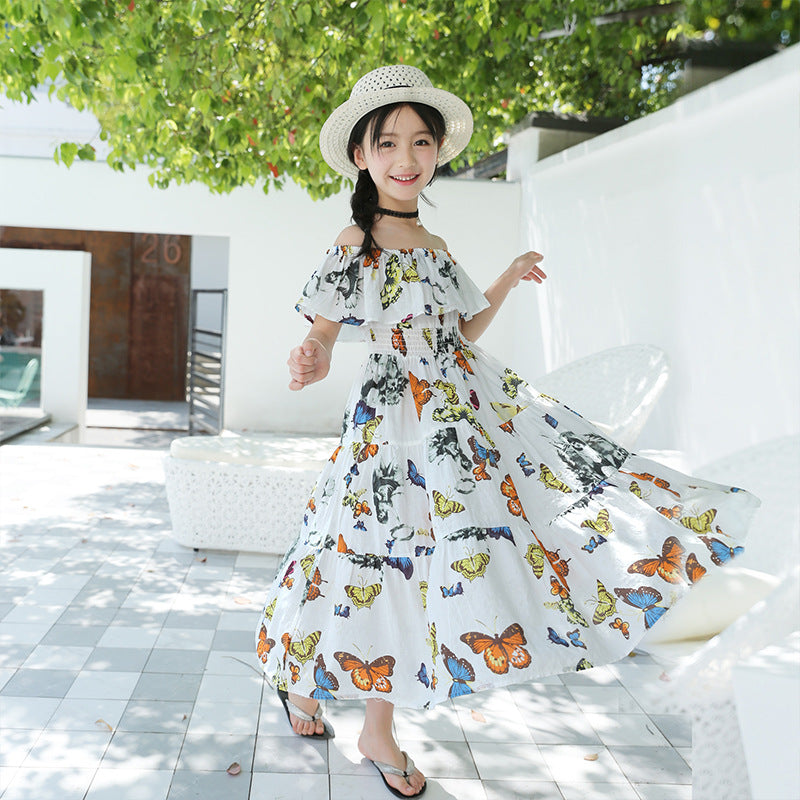 Vestido maxi de algodón con estampado bohemio de flores y mariposas para niñas