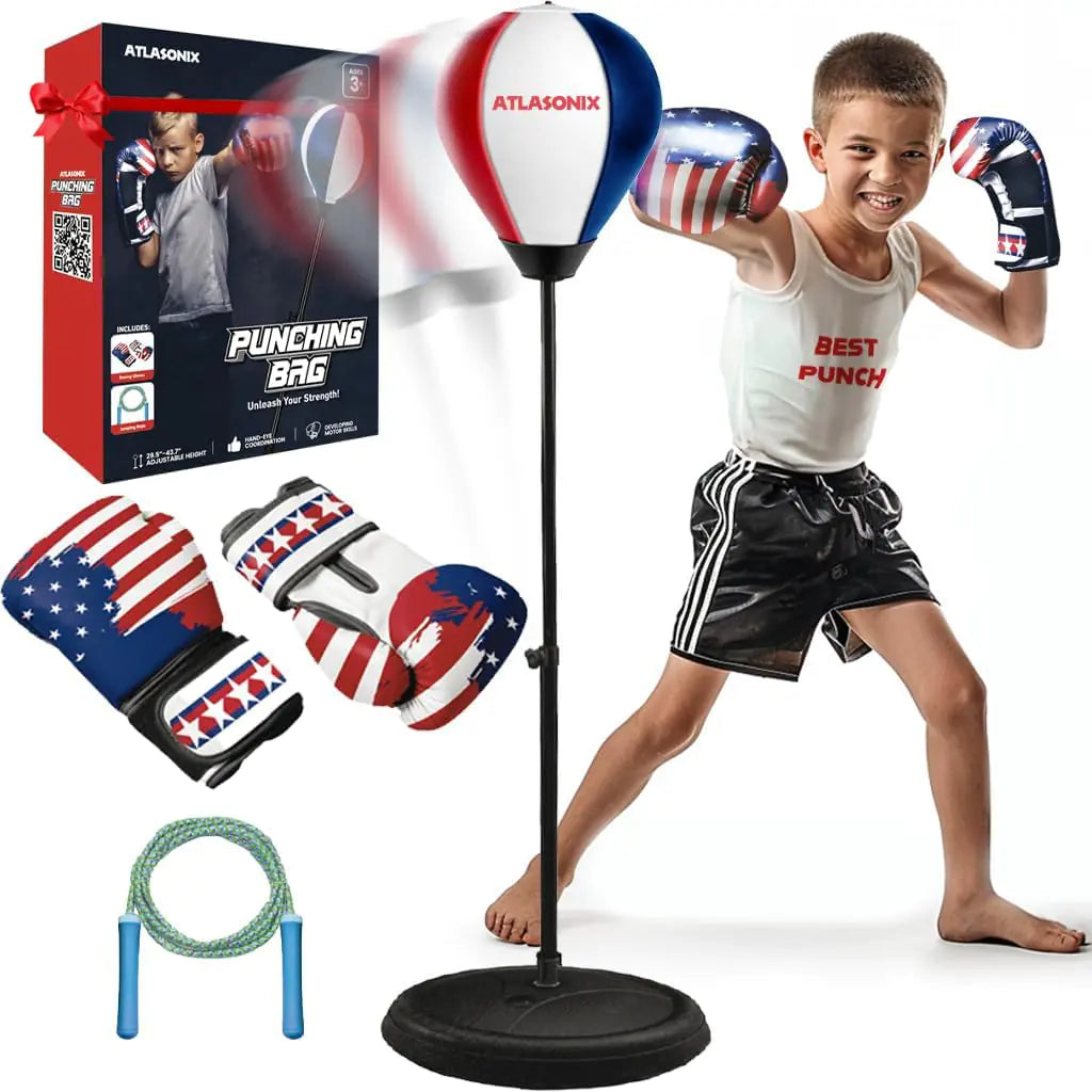 Saco de Boxeo de Pie para Niños de 8-12 Años, Set de Boxeo con Guantes - Juegos Divertidos de Karate Ninja - Cumpleaños para Niños y Niñas - Equipo de Boxeo para Interiores y Exteriores - Guantes de Boxeo para Niños