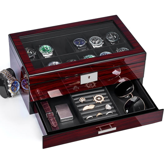 ANWBROAD Caja de 12 Compartimentos para Relojes para Hombres, Caja de Relojes con Tapa Grande, Caja de Joyería con Almacenamiento de Relojes, Superficie de Pintura de 2 Niveles, Organizador de Relojes con Cierre para Hombres, Exhibidor de Relojes UJWB001Y