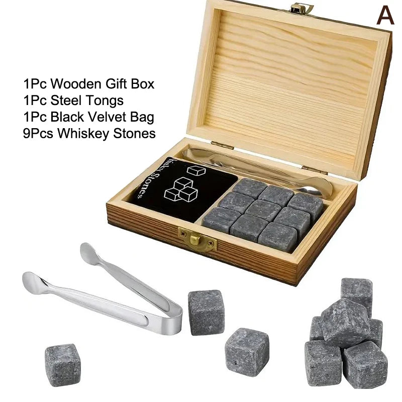 1 Juego de regalo para el Día del Padre para hombres, juego de piedras para whisky, 8 cubos de hielo de granito + 2 vasos en caja de madera, regalo para papá