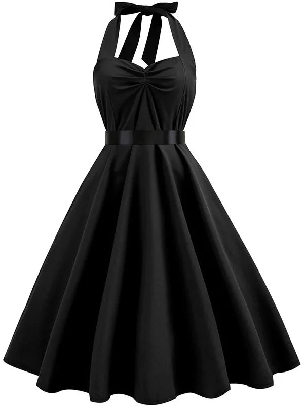 Vestido de fiesta con cuello Halter para mujer, vestidos Vintage con espalda descubierta, vestido Retro Rockabilly Swing, vestido veraniego por debajo de la rodilla elegante para mujer