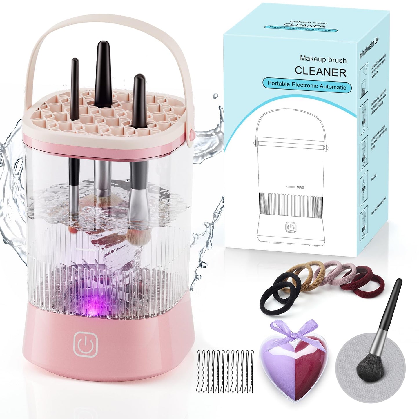 Limpiador de Brochas de Maquillaje Eléctrico - Máquina Limpiadora de Brochas de 9000 RPM IP65 Resistente al Agua Limpiador Automático para Esponjas y Brochas de Maquillaje (Rosa)