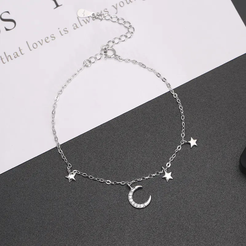 Pulsera de Plata S925 con Diseño de Estrella y Luna