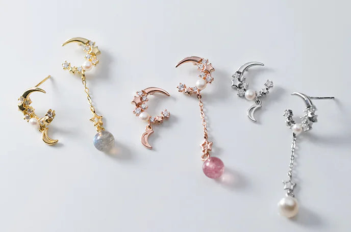 Pendientes de Plata S925 con Diseño Asimétrico de Estrella y Luna