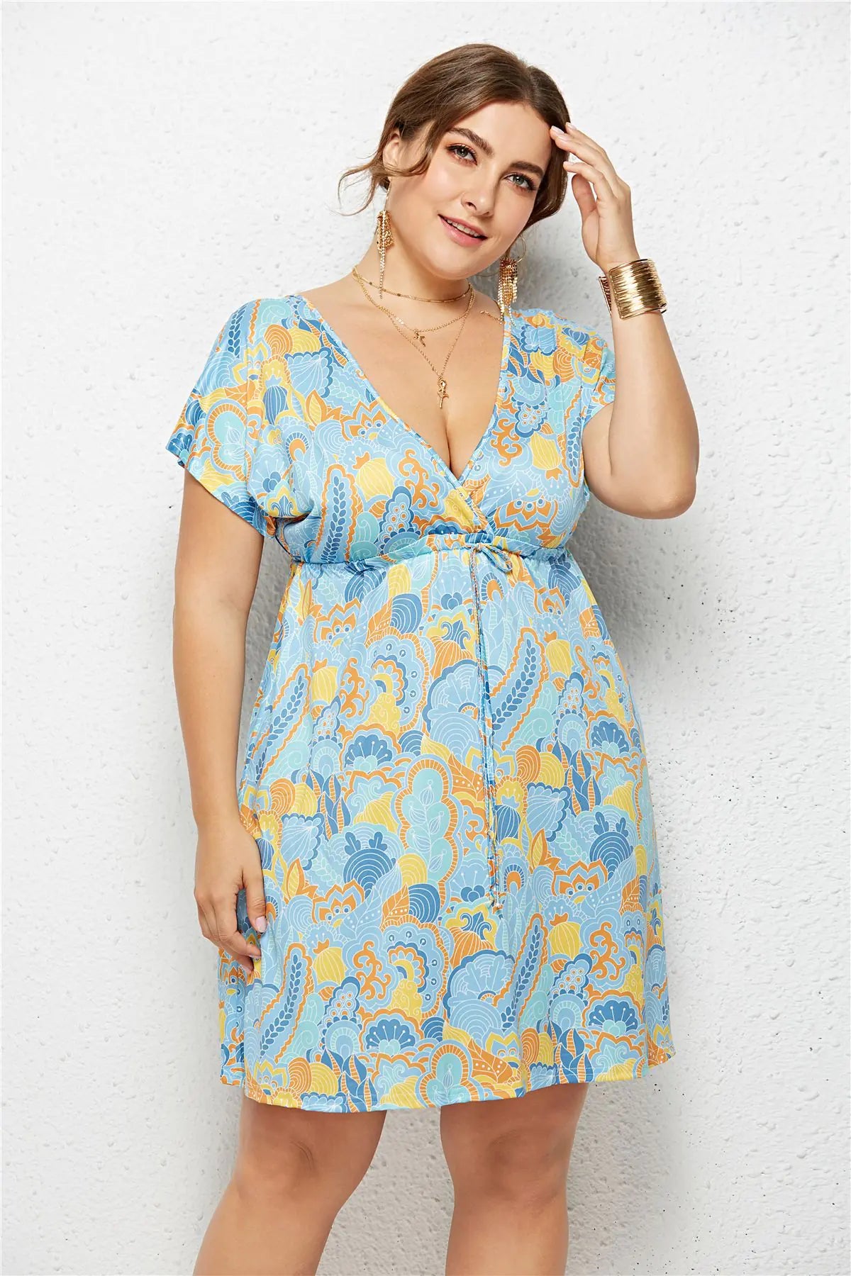 Printed Deep V-Neck Dress with Elastic Waist