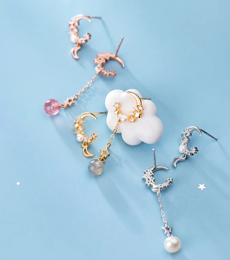 Pendientes de Plata S925 con Diseño Asimétrico de Estrella y Luna