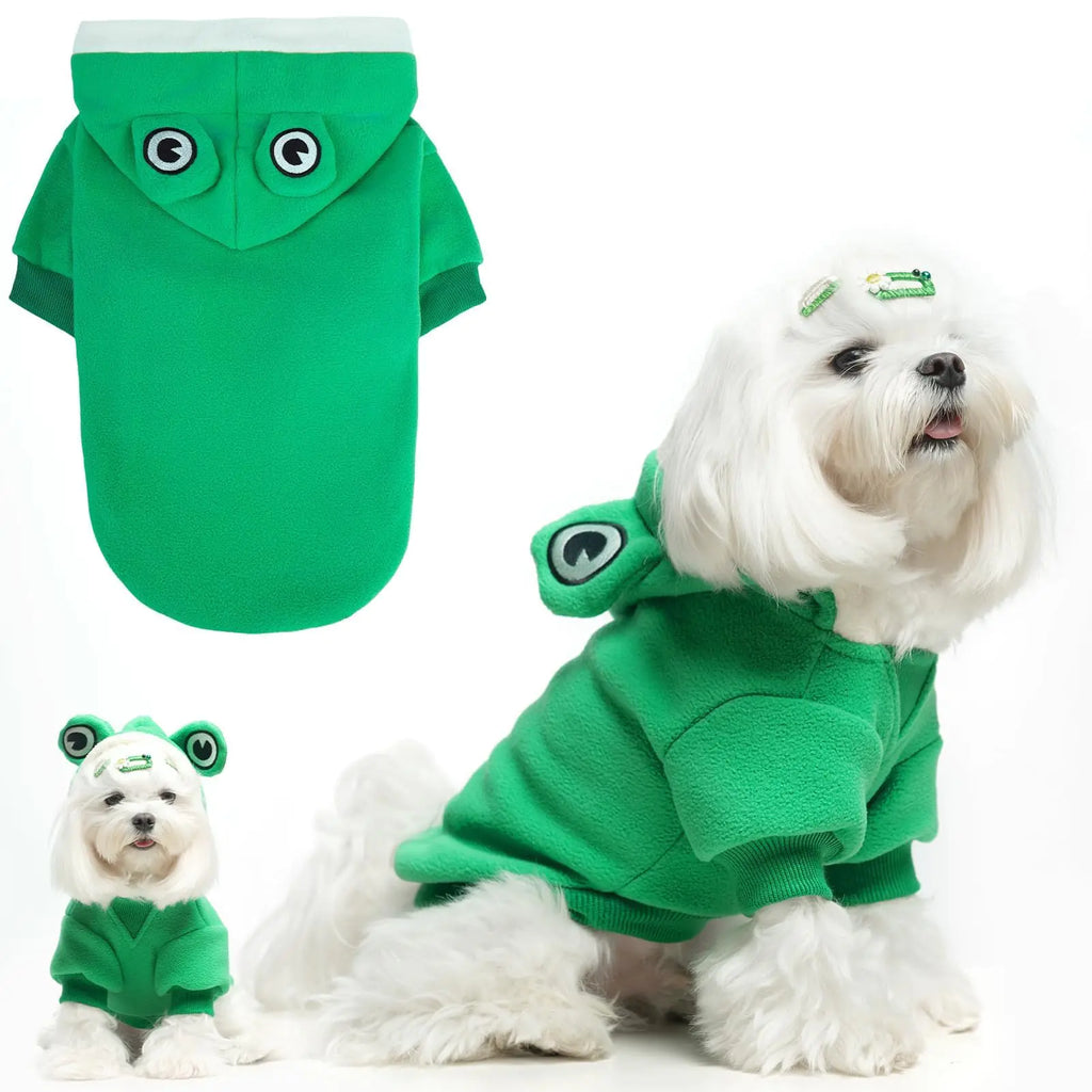 BINGPET Dog Hoodie Cute Frog Dog Costume Pet ClothesWarm Fleece Dog Sweater with HoodDoggy Winter Coat Puppy Kitten Sweaters for French Bulldog Chihuahua Ropa para Perro Boston Terrier(FrogS)