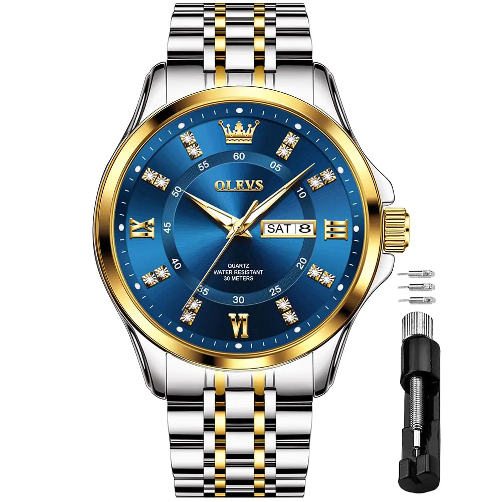OLEVS Blue Dial Watches for Men Business Diamond Analog Easy Read Men Wrist Watch Waterproof Luminous Calendar Dress Male Wacthes