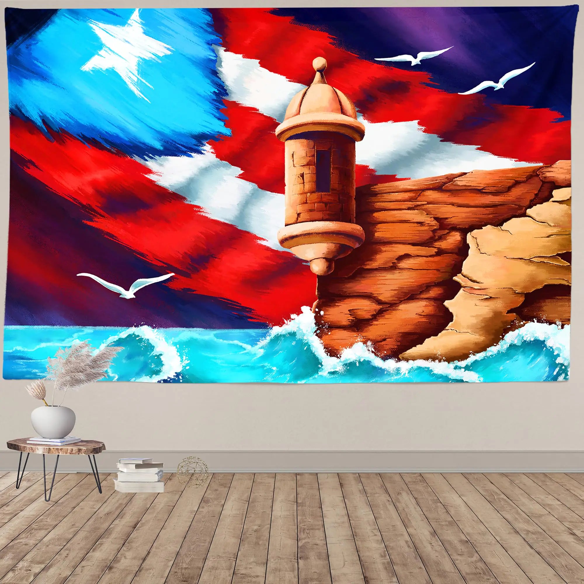 Tapiz del Estandarte Costero de Puerto Rico HGSCHYU, Tapiz Estético Bohemio para Colgar en la Pared, Arte de Pared con Vista al Edificio y la Costa para Dormitorios, Salas de Estar y Dormitorios Universitarios, Decoración de 60x40
