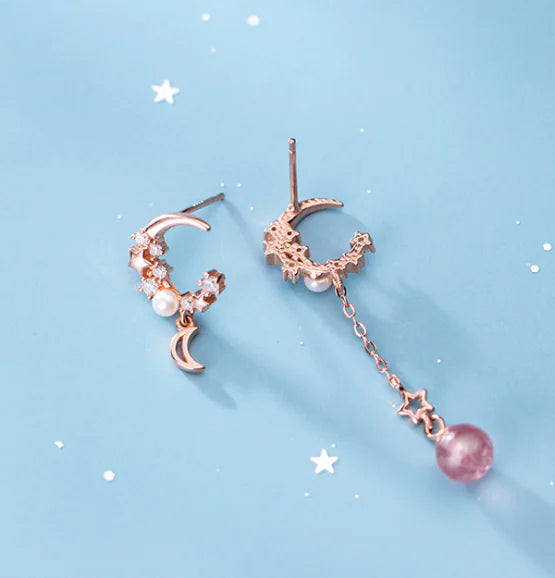 Pendientes de Plata S925 con Diseño Asimétrico de Estrella y Luna