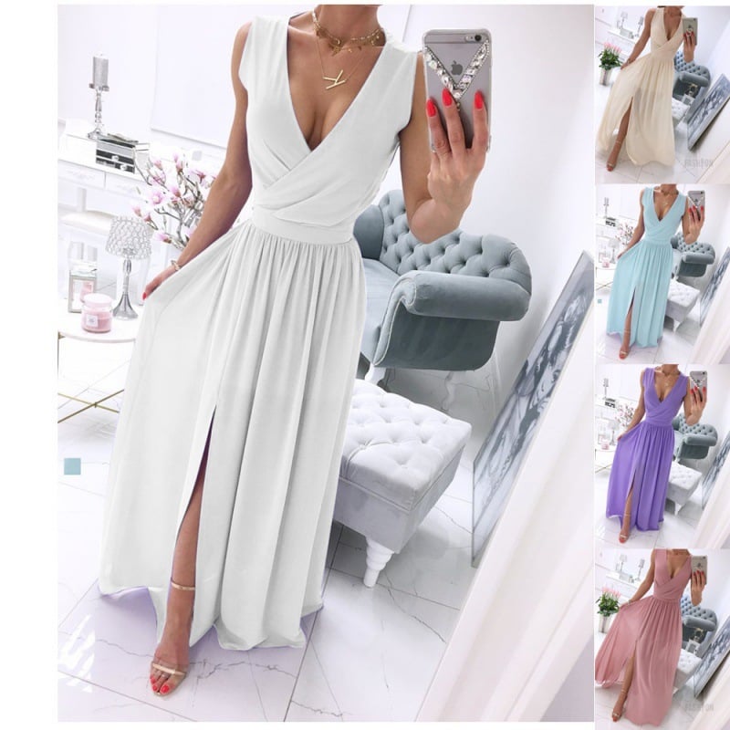 Solid Color V-Neck Dress for Women