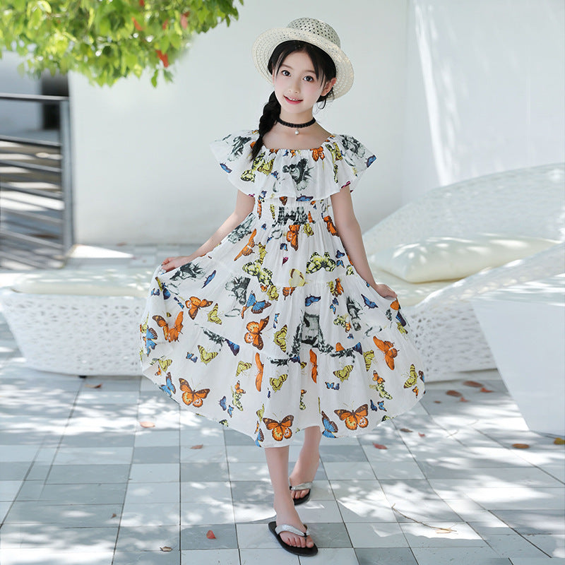 Vestido maxi de algodón con estampado bohemio de flores y mariposas para niñas