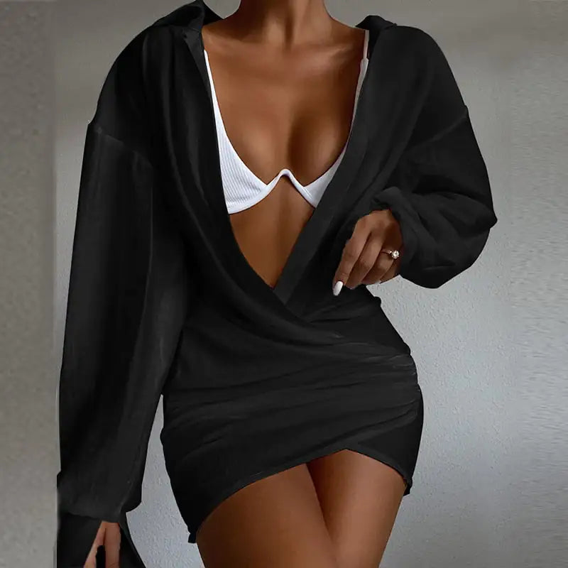 Vestido Mini de Manga Larga y Cuello en V Profundo de Color Sólido