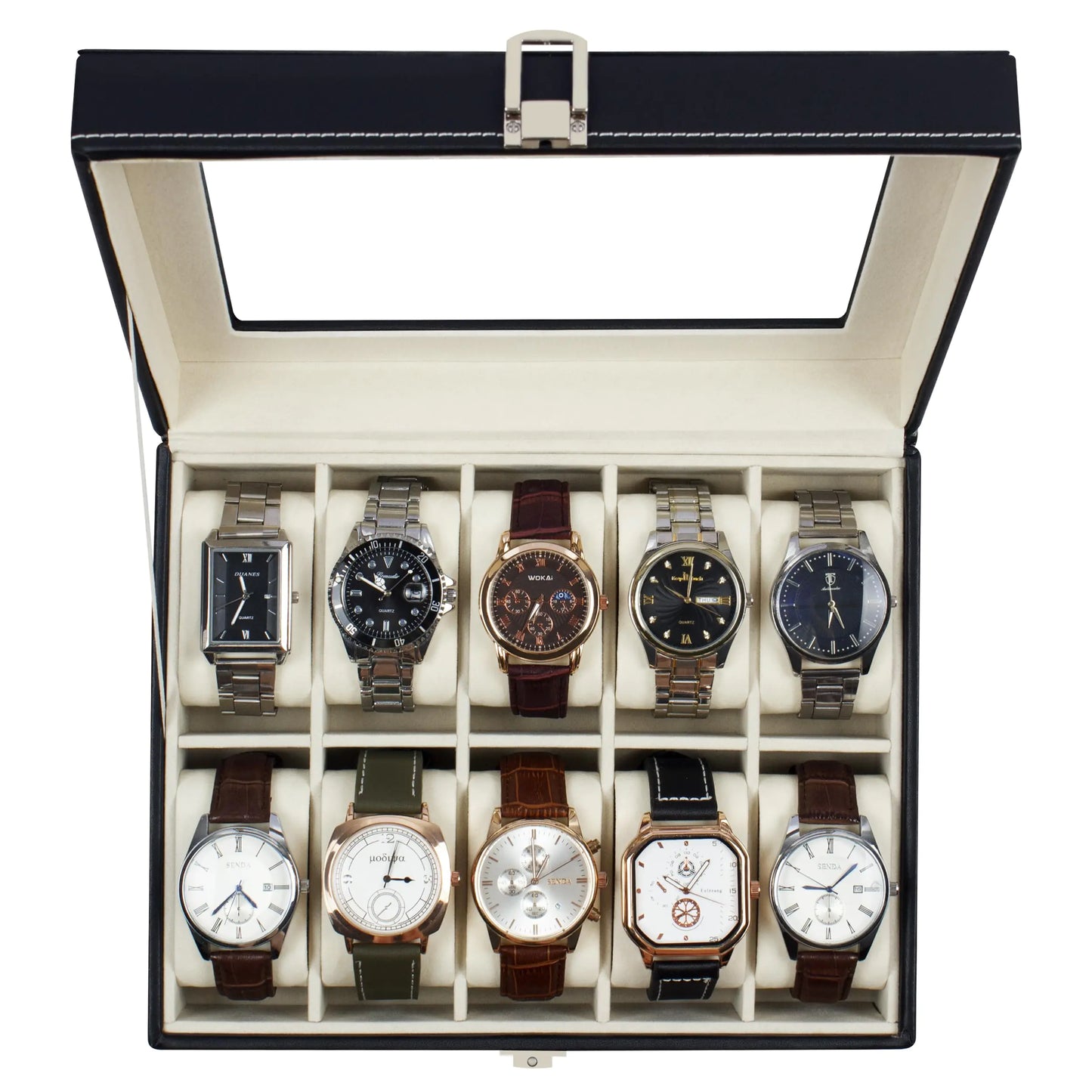Caja para Relojes GUKA, Estuche de 10 Espacios con Tapa de Vidrio Real, Expositor de Relojes con Cuero PU para Hombres y Mujeres, Color Negro