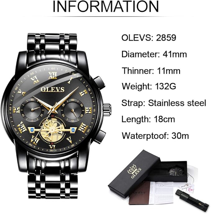 Relojes OLEVS para Hombre de Acero Inoxidable con Cronógrafo de Gran Esfera Fácil de Leer Relojes de Cuarzo Analógicos de Lujo Impermeables con Fecha y Dial de Diamantes Reloj de Vestir de Pulsera para Hombre Negro