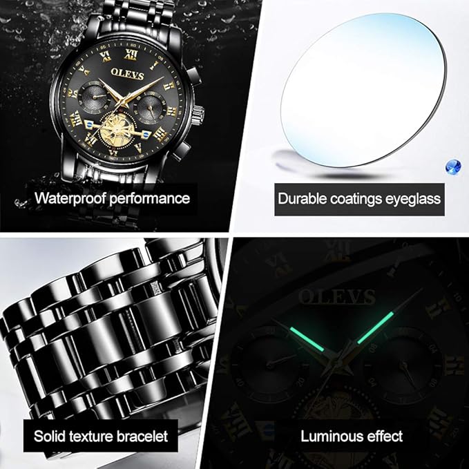 Relojes OLEVS para Hombre de Acero Inoxidable con Cronógrafo de Gran Esfera Fácil de Leer Relojes de Cuarzo Analógicos de Lujo Impermeables con Fecha y Dial de Diamantes Reloj de Vestir de Pulsera para Hombre Negro