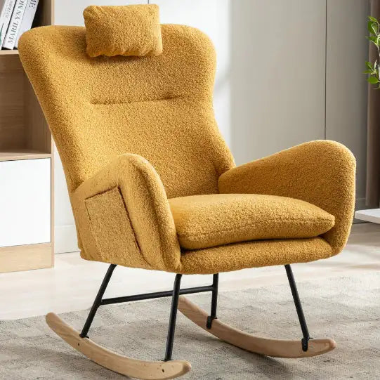 Sillón Mecedor con Bolsillos, Sillón Mecedor de Tela Teddy Suave para Guardería, Sillón Mecedor Golider Wingback Cómodo