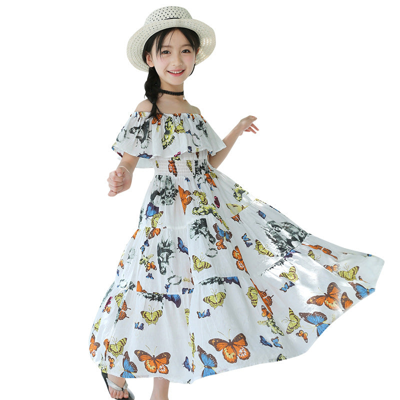 Vestido maxi de algodón con estampado bohemio de flores y mariposas para niñas