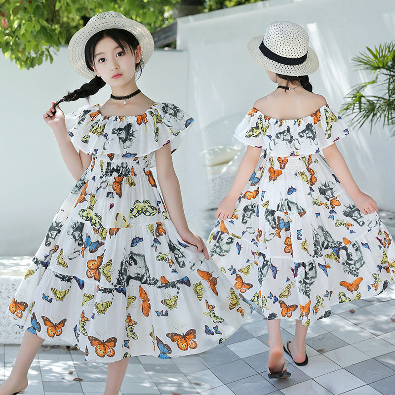 Vestido maxi de algodón con estampado bohemio de flores y mariposas para niñas