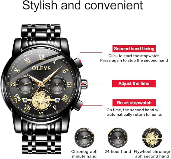 Relojes OLEVS para Hombre de Acero Inoxidable con Cronógrafo de Gran Esfera Fácil de Leer Relojes de Cuarzo Analógicos de Lujo Impermeables con Fecha y Dial de Diamantes Reloj de Vestir de Pulsera para Hombre Negro