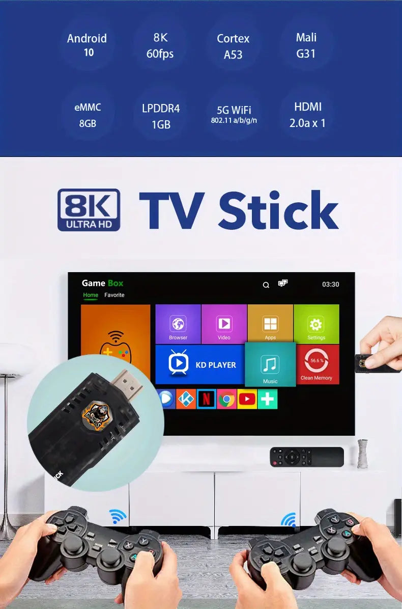 8K HD TV Stick with Wireless Retro Game Console