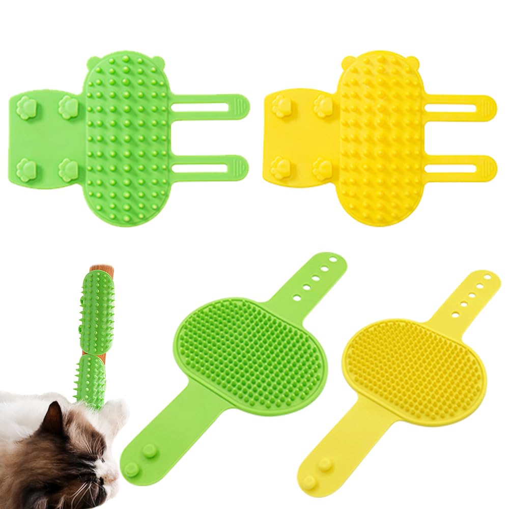 FDKYOEK 4 PCS Cepillo de Autoacicalado para Gatos de Silicona, Peines Suaves para Cara de Gato, Masajeador de Goma para Gatos de Interior, Rascador de Esquina para Gatos, Tabla de Rascar para Gatos, Suministros para Mascotas en Verde y Amarillo