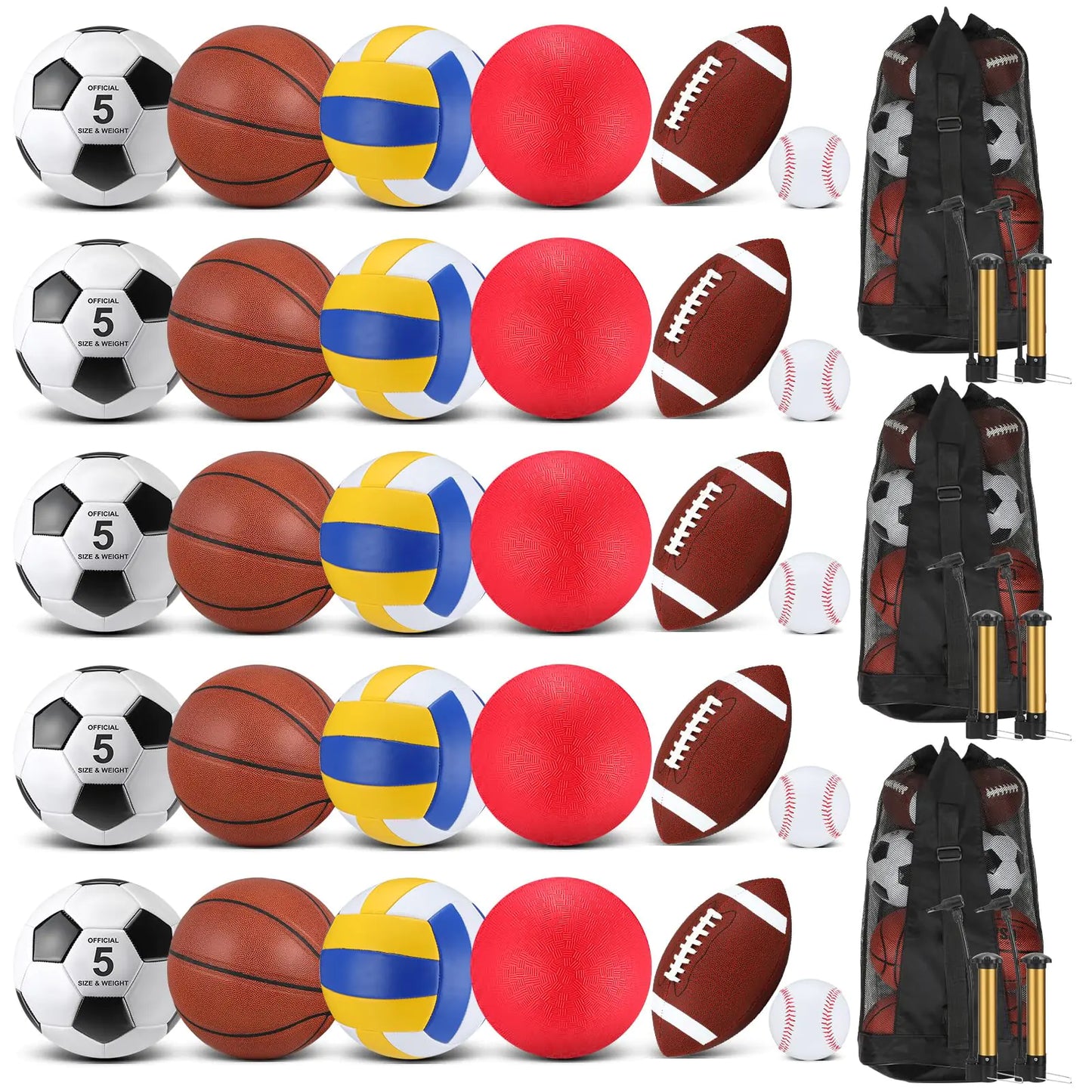 Liliful Set de 36 Piezas de Balones Deportivos para Fútbol, Fútbol Americano, Baloncesto, Voleibol, Beisbol - Equipo Multideporte con Bolsas de Transporte y Bomba para Niños y Adultos, Variado para Operación Navidad (Marrón Rojo)