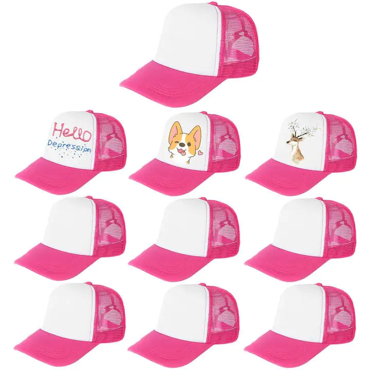 Outink Paquete de 10 Gorras de Camionero para Niños Colores Variados Gorras de Béisbol Ajustables y Lisas para Sublimación (10Pack-Rojo Rosa Blanco)