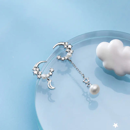 Pendientes de Plata S925 con Diseño Asimétrico de Estrella y Luna