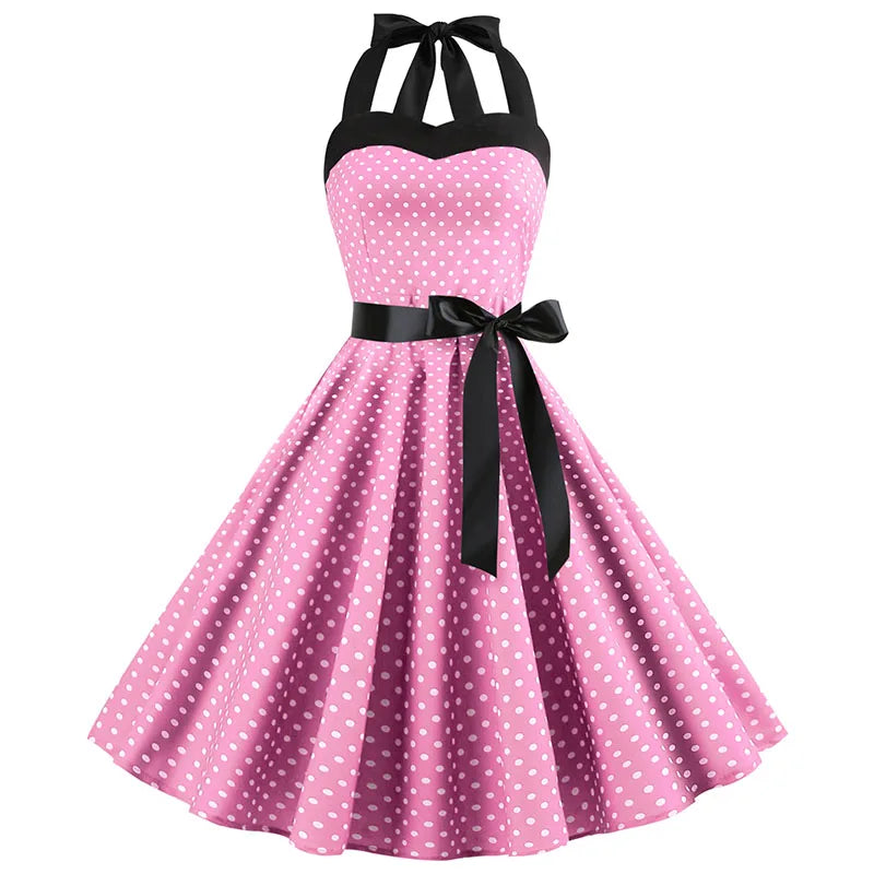 Vestido de fiesta con cuello Halter para mujer, vestidos Vintage con espalda descubierta, vestido Retro Rockabilly Swing, vestido veraniego por debajo de la rodilla elegante para mujer