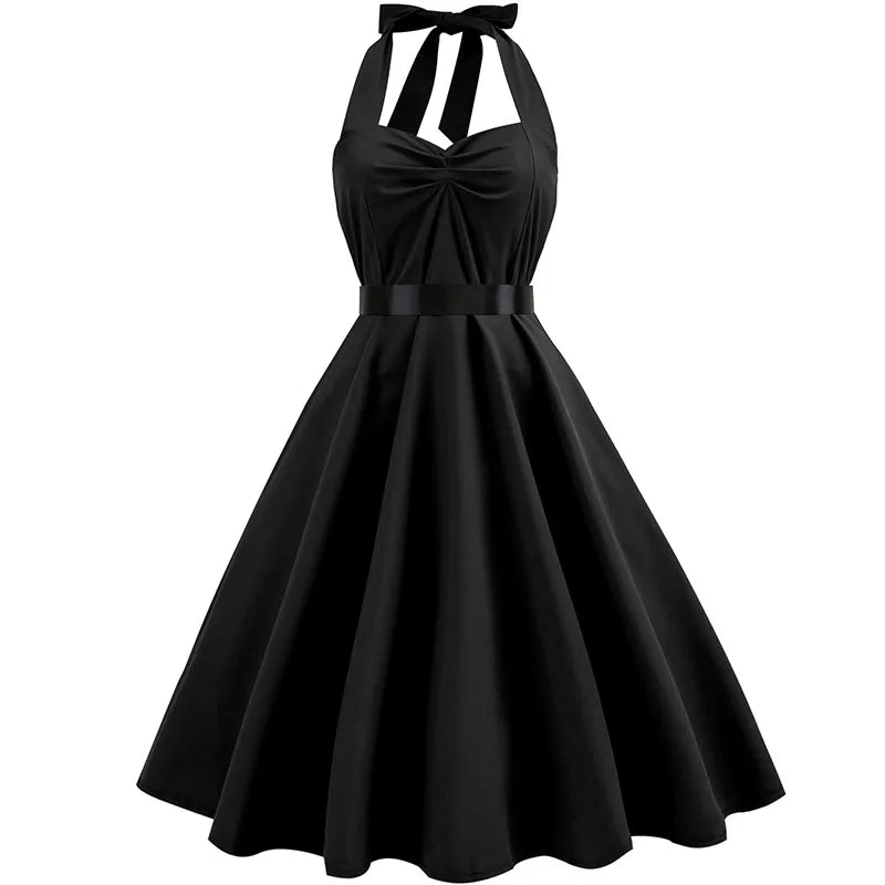 Vestido de fiesta con cuello Halter para mujer, vestidos Vintage con espalda descubierta, vestido Retro Rockabilly Swing, vestido veraniego por debajo de la rodilla elegante para mujer