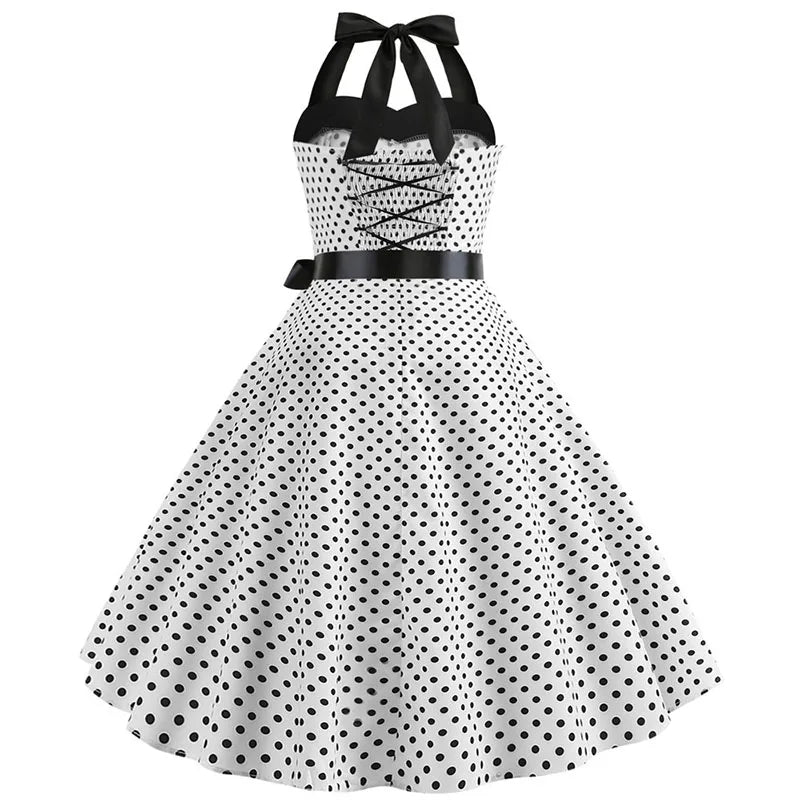 Vestido de fiesta con cuello Halter para mujer, vestidos Vintage con espalda descubierta, vestido Retro Rockabilly Swing, vestido veraniego por debajo de la rodilla elegante para mujer