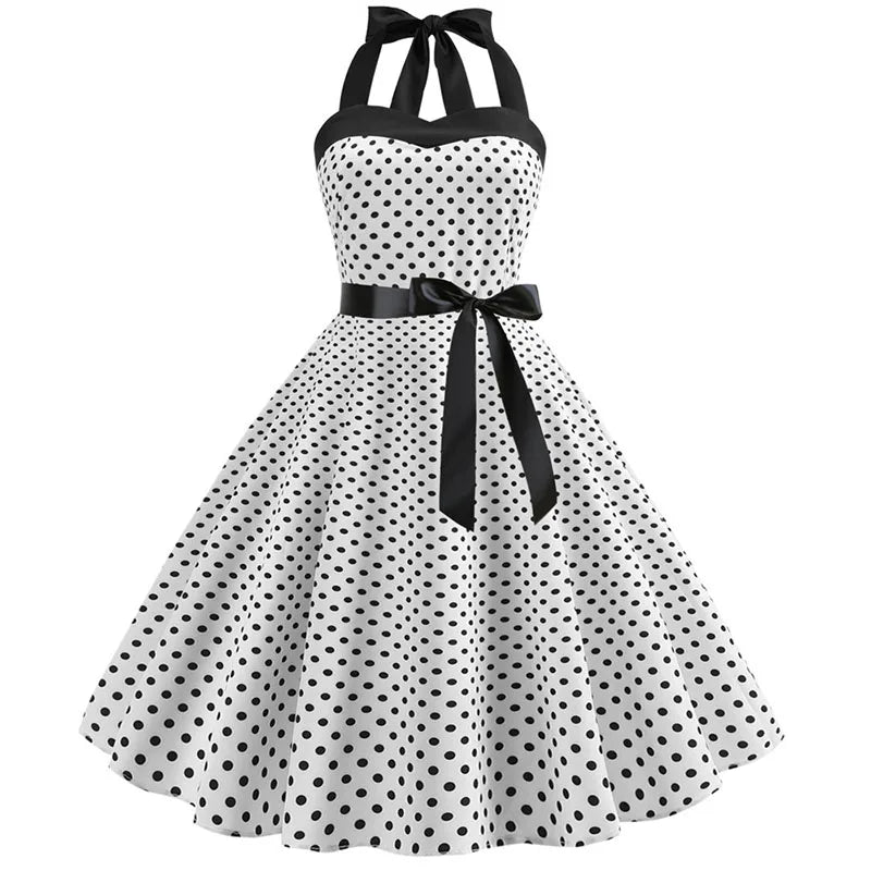 Vestido de fiesta con cuello Halter para mujer, vestidos Vintage con espalda descubierta, vestido Retro Rockabilly Swing, vestido veraniego por debajo de la rodilla elegante para mujer