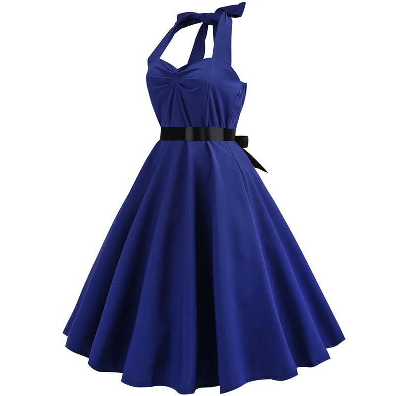 Vestido de fiesta con cuello Halter para mujer, vestidos Vintage con espalda descubierta, vestido Retro Rockabilly Swing, vestido veraniego por debajo de la rodilla elegante para mujer