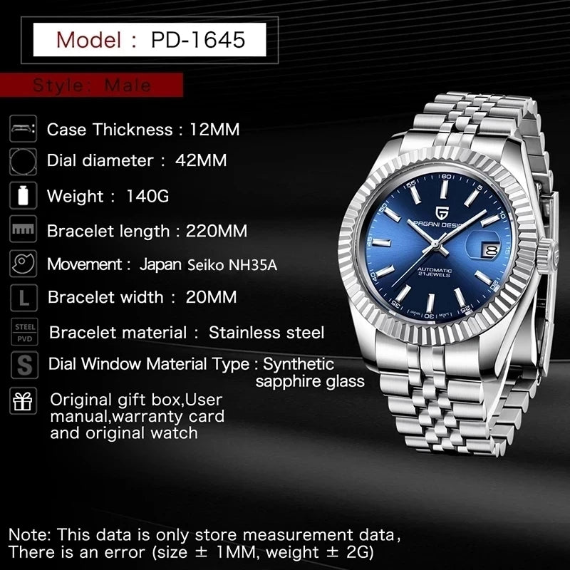 Pagani Design 1645 Men Japan NH35A Movement 10Bar Waterproof Clock Men`s Watch Natural Mechanical Automatic Watches for Men