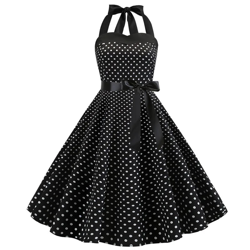 Vestido de fiesta con cuello Halter para mujer, vestidos Vintage con espalda descubierta, vestido Retro Rockabilly Swing, vestido veraniego por debajo de la rodilla elegante para mujer