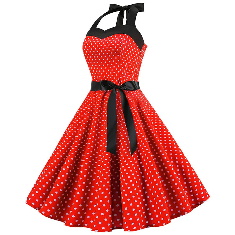 Vestido de fiesta con cuello Halter para mujer, vestidos Vintage con espalda descubierta, vestido Retro Rockabilly Swing, vestido veraniego por debajo de la rodilla elegante para mujer