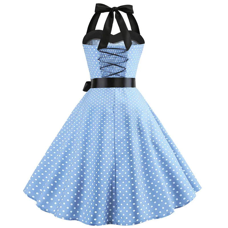 Vestido de fiesta con cuello Halter para mujer, vestidos Vintage con espalda descubierta, vestido Retro Rockabilly Swing, vestido veraniego por debajo de la rodilla elegante para mujer