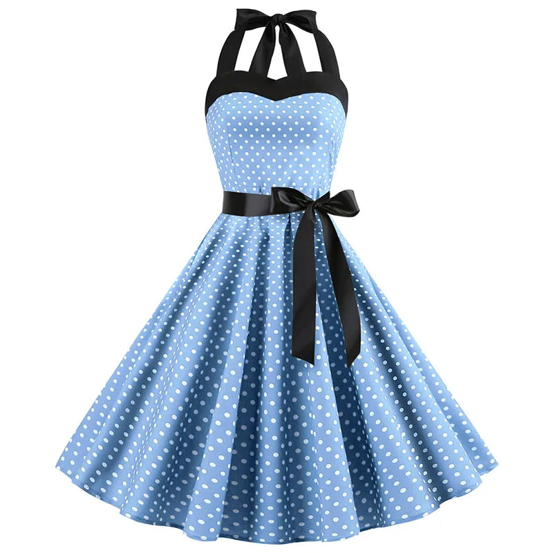 Vestido de fiesta con cuello Halter para mujer, vestidos Vintage con espalda descubierta, vestido Retro Rockabilly Swing, vestido veraniego por debajo de la rodilla elegante para mujer