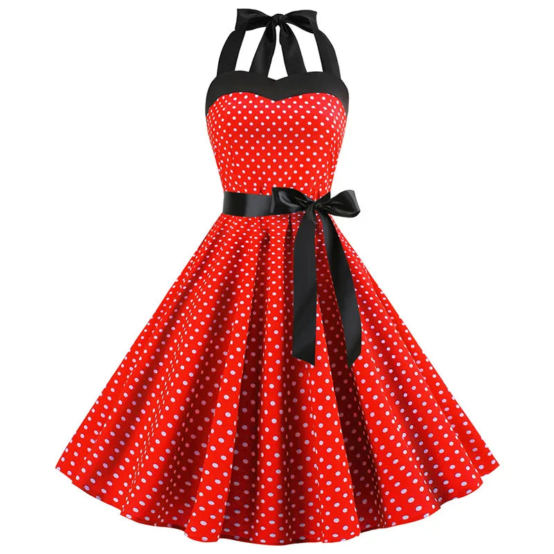 Vestido de fiesta con cuello Halter para mujer, vestidos Vintage con espalda descubierta, vestido Retro Rockabilly Swing, vestido veraniego por debajo de la rodilla elegante para mujer