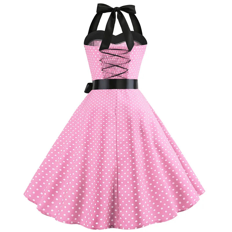 Vestido de fiesta con cuello Halter para mujer, vestidos Vintage con espalda descubierta, vestido Retro Rockabilly Swing, vestido veraniego por debajo de la rodilla elegante para mujer