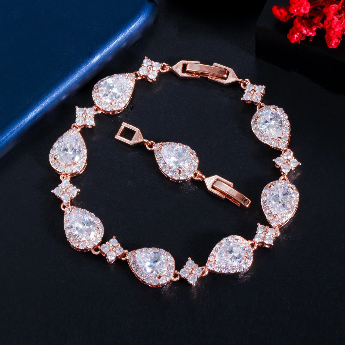 Classic Sparkly Pear Cut Cubic Zirconia CZ Copper Drop Shape Tennis Bracelets for Women Wedding Christmas or Daily Wear Jewelry