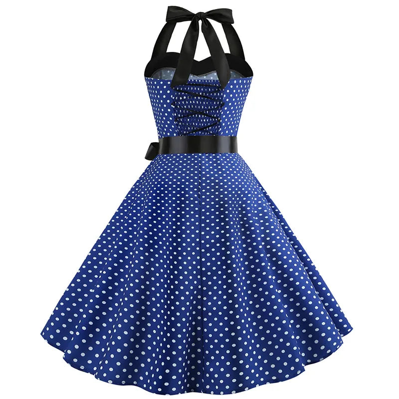Vestido de fiesta con cuello Halter para mujer, vestidos Vintage con espalda descubierta, vestido Retro Rockabilly Swing, vestido veraniego por debajo de la rodilla elegante para mujer