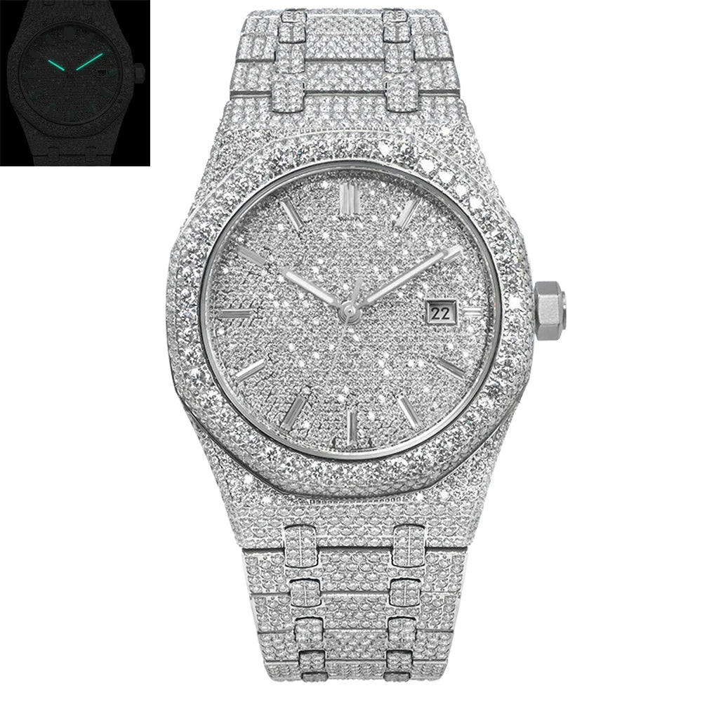 Reloj Automático de Lujo para-Hombre – Acero Inoxidable con Detalles Moissanite y Cristal Zafiro