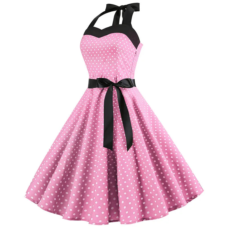 Vestido de fiesta con cuello Halter para mujer, vestidos Vintage con espalda descubierta, vestido Retro Rockabilly Swing, vestido veraniego por debajo de la rodilla elegante para mujer