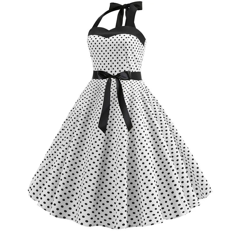 Vestido de fiesta con cuello Halter para mujer, vestidos Vintage con espalda descubierta, vestido Retro Rockabilly Swing, vestido veraniego por debajo de la rodilla elegante para mujer