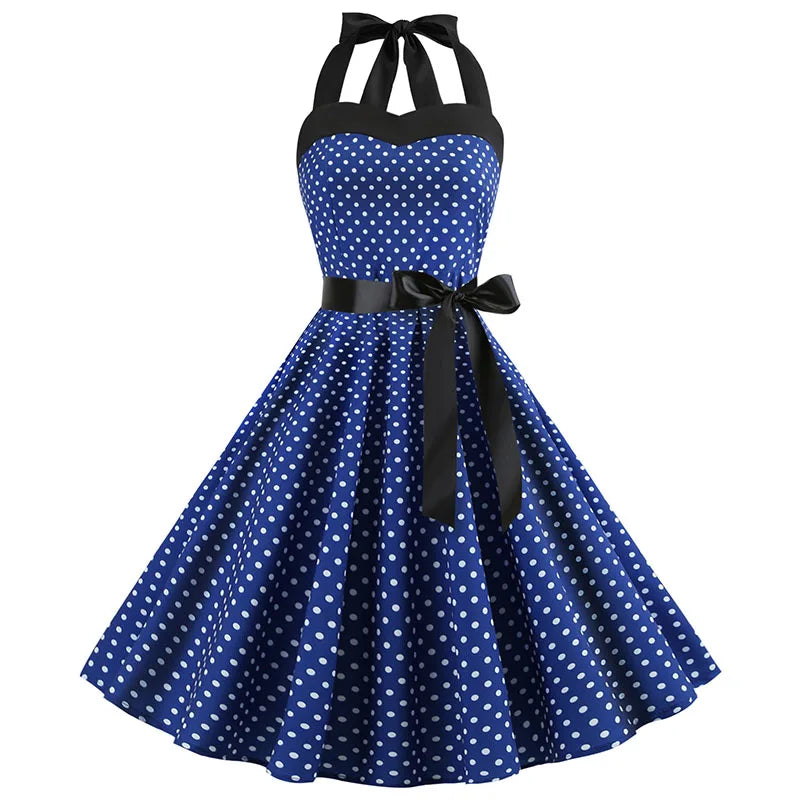 Vestido de fiesta con cuello Halter para mujer, vestidos Vintage con espalda descubierta, vestido Retro Rockabilly Swing, vestido veraniego por debajo de la rodilla elegante para mujer
