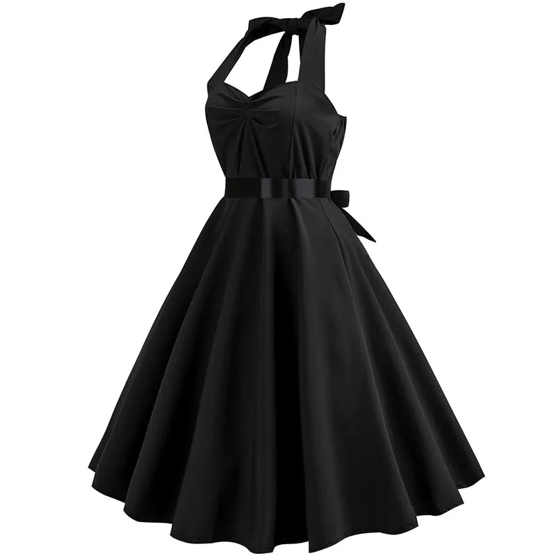 Vestido de fiesta con cuello Halter para mujer, vestidos Vintage con espalda descubierta, vestido Retro Rockabilly Swing, vestido veraniego por debajo de la rodilla elegante para mujer