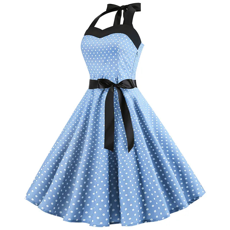 Vestido de fiesta con cuello Halter para mujer, vestidos Vintage con espalda descubierta, vestido Retro Rockabilly Swing, vestido veraniego por debajo de la rodilla elegante para mujer