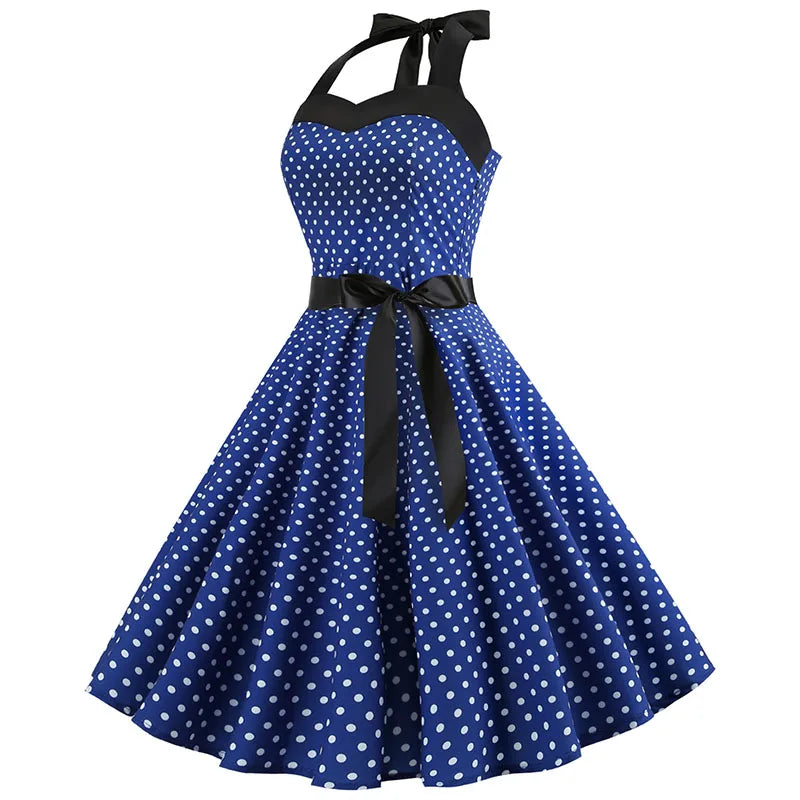 Vestido de fiesta con cuello Halter para mujer, vestidos Vintage con espalda descubierta, vestido Retro Rockabilly Swing, vestido veraniego por debajo de la rodilla elegante para mujer